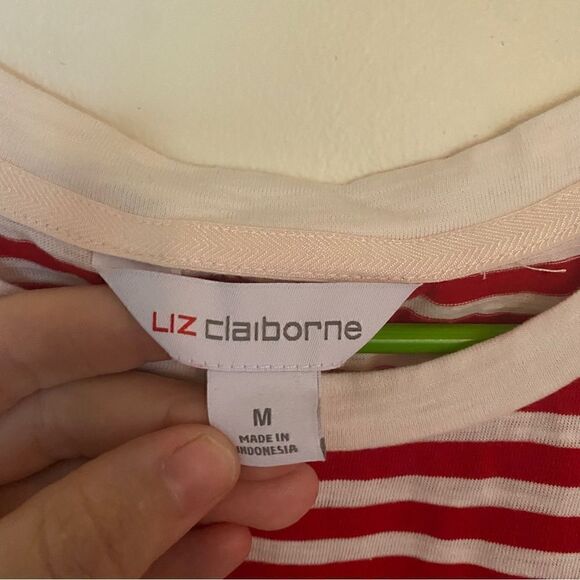 Liz Claiborne white red striped short sleeve medium crew neck rouged sides - Picture 5 of 8